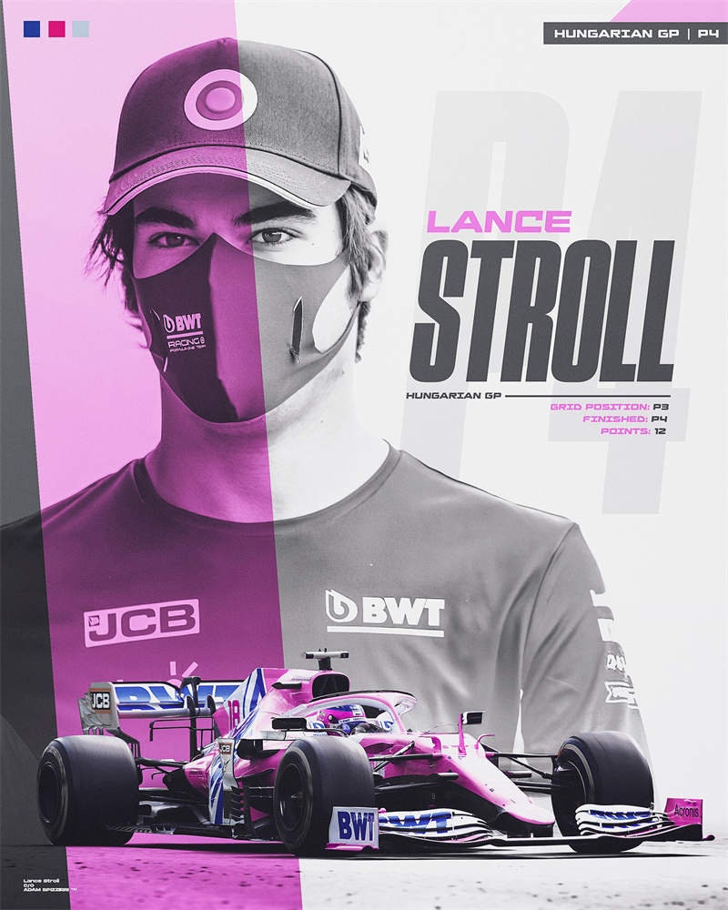 Faszinierendes Plakat von Lance Stroll im BWT Racing Outfit, ein farbenfrohes Kunstwerk von justgoodmood, ideal für jedes Motorsportzimmer. Formel 1 Rennfahrer und Rennwagen.