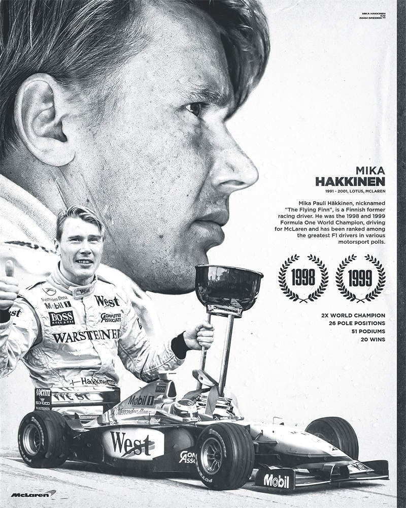 Künstlerisches Plakat von Mika Häkkinen mit McLaren Rennwagen, ein tolles Deko Stück von justgoodmood, perfekt für F1-Fans. Formel 1 Rennfahrer und Rennwagen.