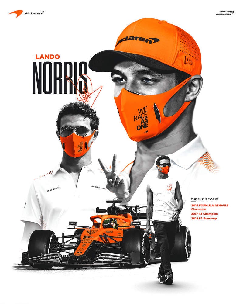 Stilvolles Poster von Formel 1 Rennfahrer Lando Norris mit McLaren Rennwagen und aufregendem Design, perfekt für jeden Fan. Von justgoodmood - Formel 1 Rennfahrer Rennwagen I Deko Print ohne Rahmen.