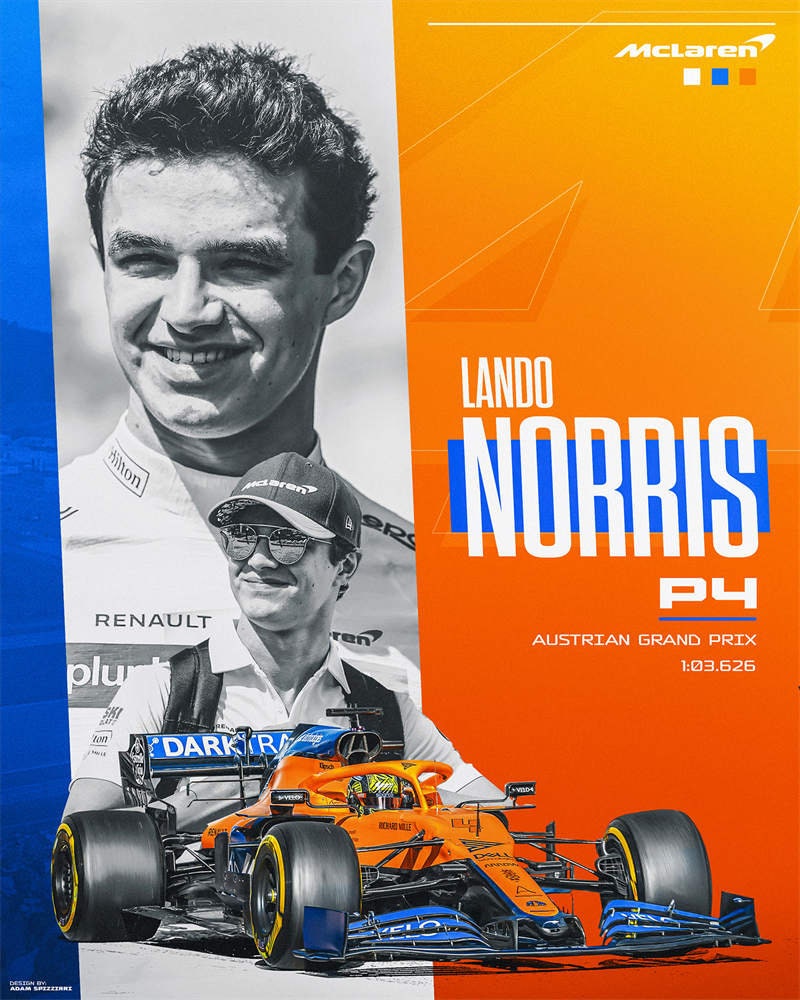 Beeindruckendes Poster von Formel 1 Rennfahrer Lando Norris mit McLaren-Renngerät, erhältlich bei justgoodmood - perfektes Deko-Element für F1-Fans!