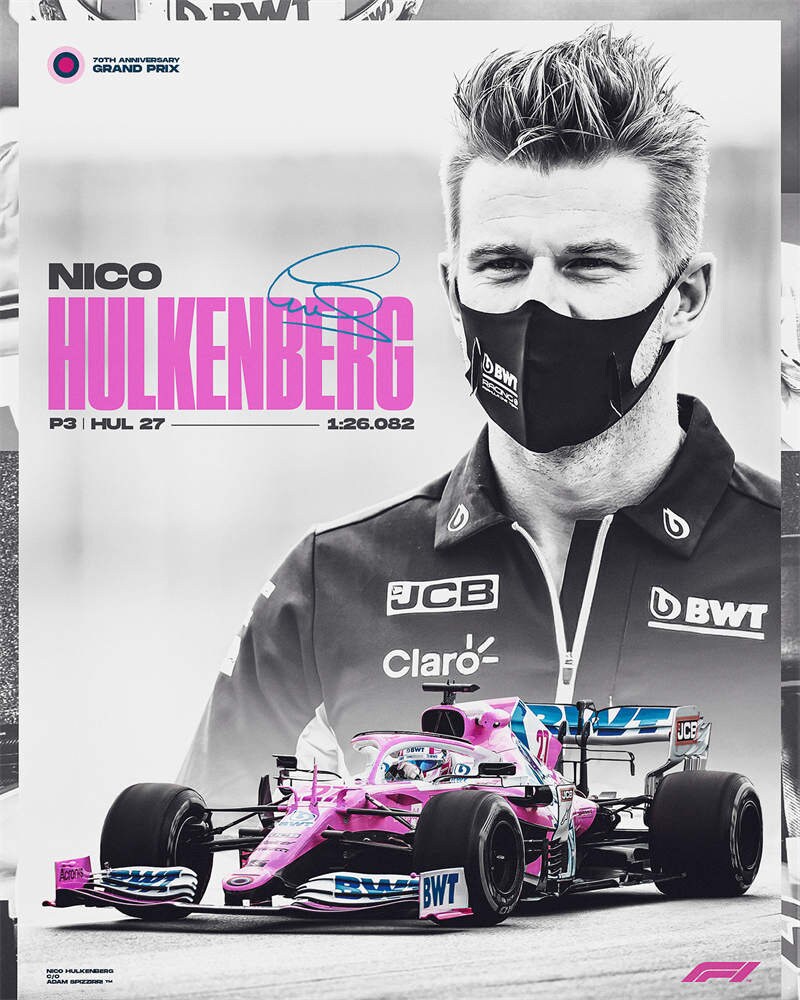 Fabelhafter Deko Print von justgoodmood, der den Formel 1 Fahrer Nico Hülkenberg zeigt, zusammen mit seinem stylischen Rennwagen. Ideal für ein energiegeladenes Ambiente!