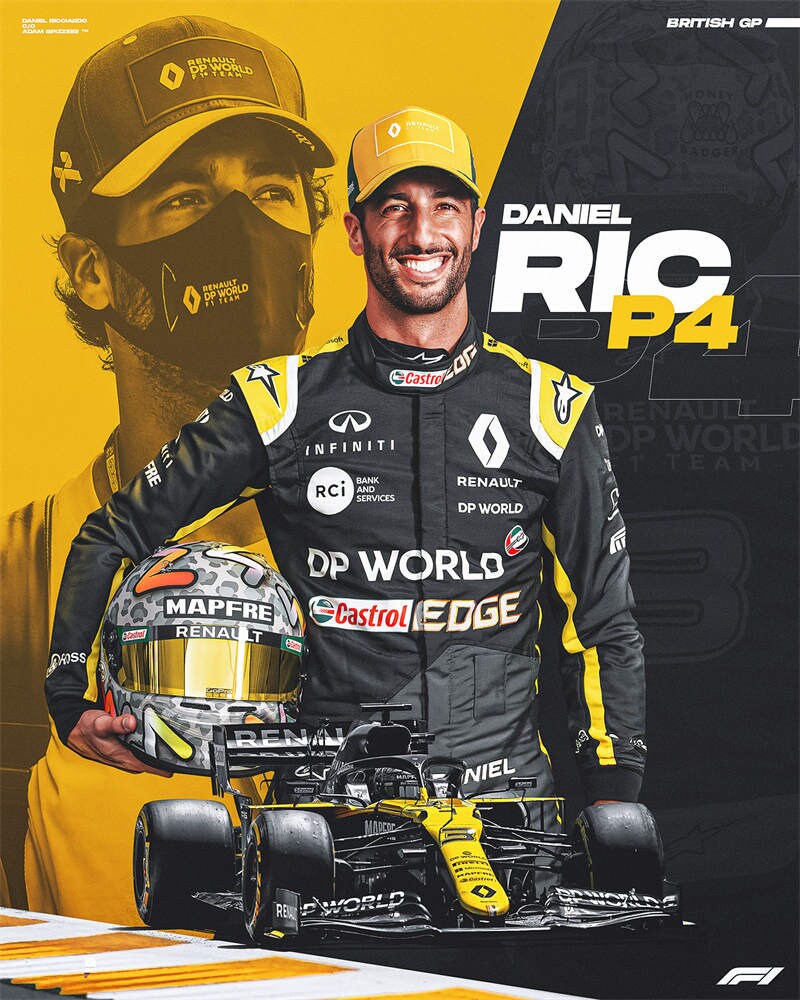 Hochwertiges Formel 1 Poster mit Daniel Ricciardo in Rennfahrer-Outfit und Rennwagen, designed von justgoodmood - Formel 1 Rennfahrer Rennwagen I Deko Print ohne Rahmen.