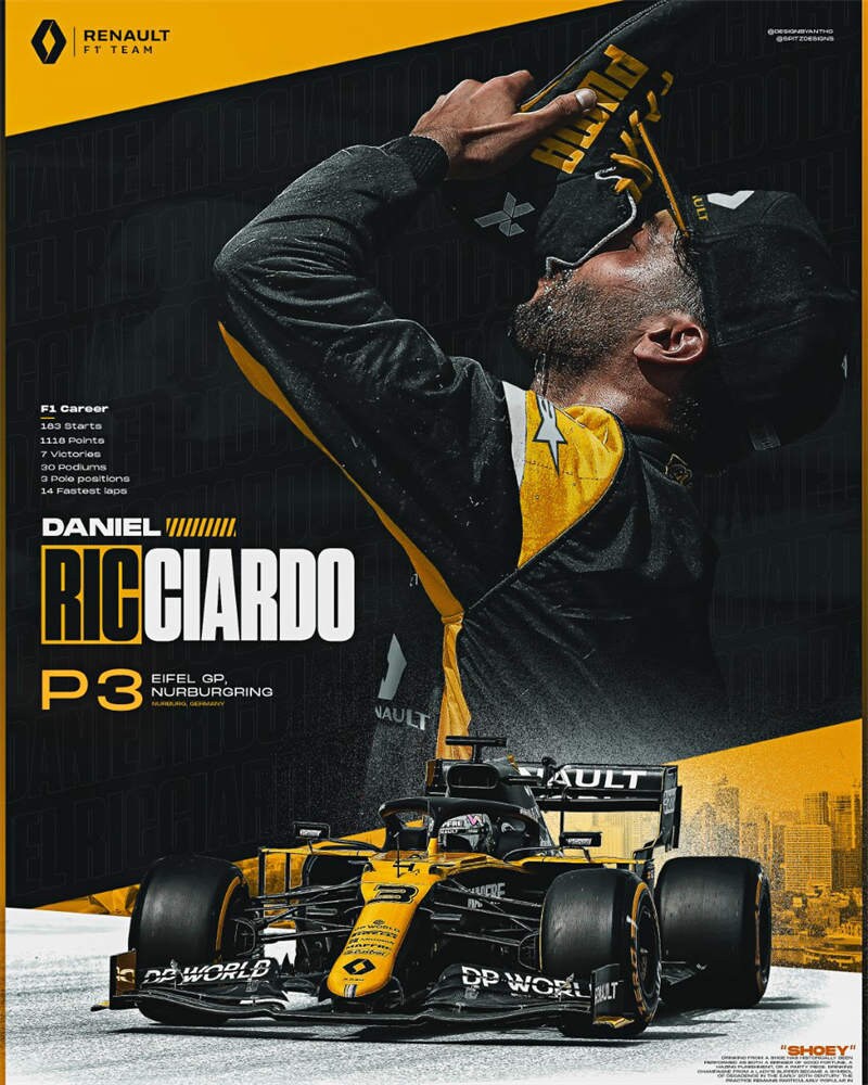 Daniel Ricciardo nach dem Eifel GP auf einem stylischen Formel 1 Poster, geschaffen von justgoodmood - Formel 1 Rennfahrer Rennwagen I Deko Print ohne Rahmen.