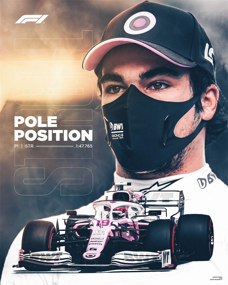Dynamisches Formel 1 Poster, das einen Rennfahrer mit Maske zeigt, umgeben von einem beeindruckenden Wagen, ein Genuss für jeden Fan, von justgoodmood.
