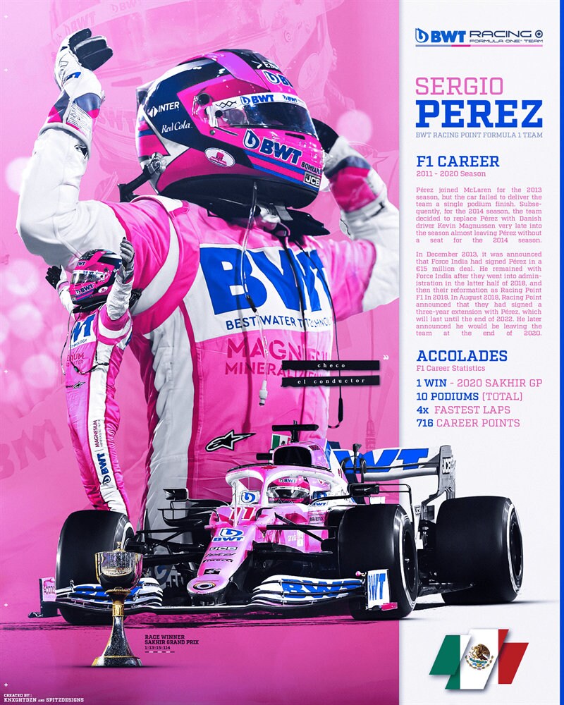 Motivationsposter von Formel 1 Rennfahrer Sergio Perez in pinkem Rennanzug, ideal als Deko für Motorsportfans von justgoodmood. Poster Formel 1 Rennfahrer Rennwagen I Deko Print ohne Rahmen.