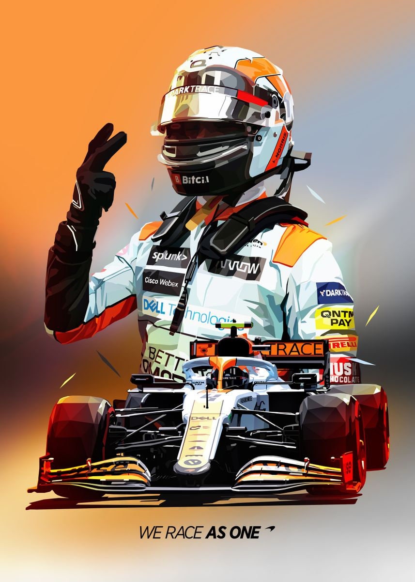Dynamisches Poster, das einen Formel 1 Fahrer in einem Rennanzug zeigt, der das Peace-Zeichen macht, umgeben von seinem Auto. Ein inspirierendes Kunstwerk für Sportbegeisterte und Formel 1-Fans. Von justgoodmood.