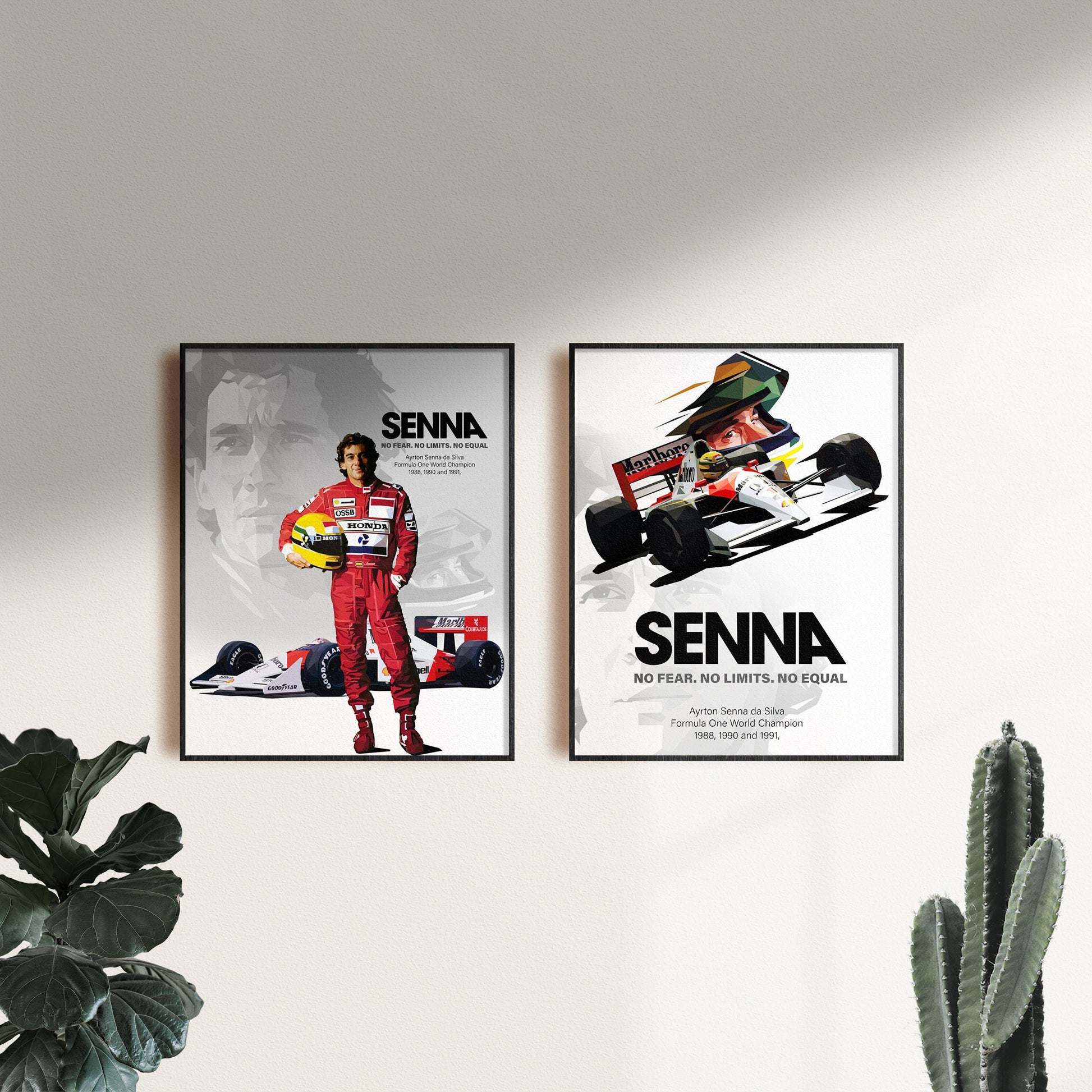 Wunderschönes Poster mit Ayrton Senna, der legendäre Formel 1 Rennfahrer von justgoodmood. Zeigt ihn voller Energie in einem roten Rennanzug mit seinem Helm. Ideal für Fans!