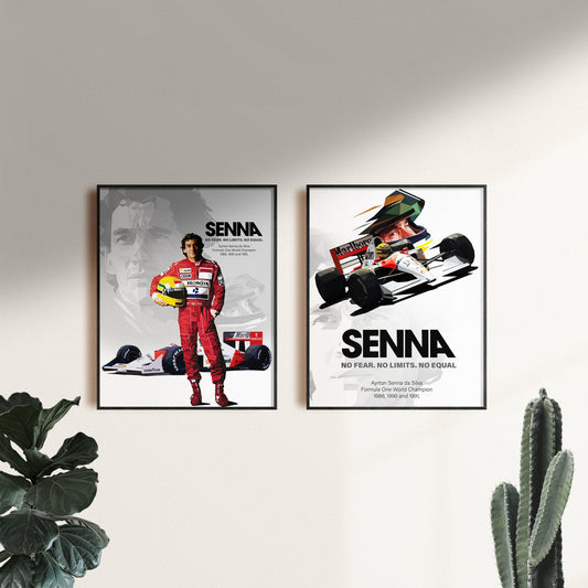 Wunderschönes Poster mit Ayrton Senna, der legendäre Formel 1 Rennfahrer von justgoodmood. Zeigt ihn voller Energie in einem roten Rennanzug mit seinem Helm. Ideal für Fans!