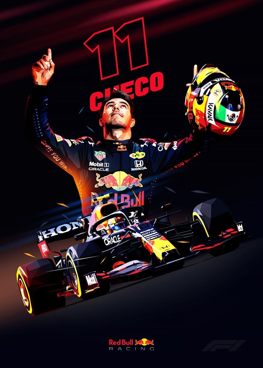 Dynamisches Poster von Checo Pérez, dem Red Bull Racing Fahrer, der begeistert auf dem Podium jubelt. Ein tolles Dekorationsstück von justgoodmood für die Fans des Motorsports. Poster Formel 1 Rennfahrer Rennwagen Michael Schumacher Legende Champion I Deko Print ohne Rahmen.