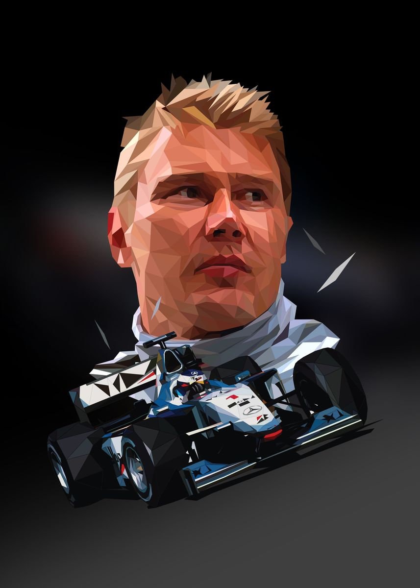 Stylisches Poster von Mika Häkkinen, dem zweifachen Formel 1 Weltmeister, mit einem beeindruckenden Rennwagen im Hintergrund. Ein perfektes Geschenk für Motorsport-Enthusiasten von justgoodmood. Poster Formel 1 Rennfahrer Rennwagen Michael Schumacher Legende Champion I Deko Print ohne Rahmen.