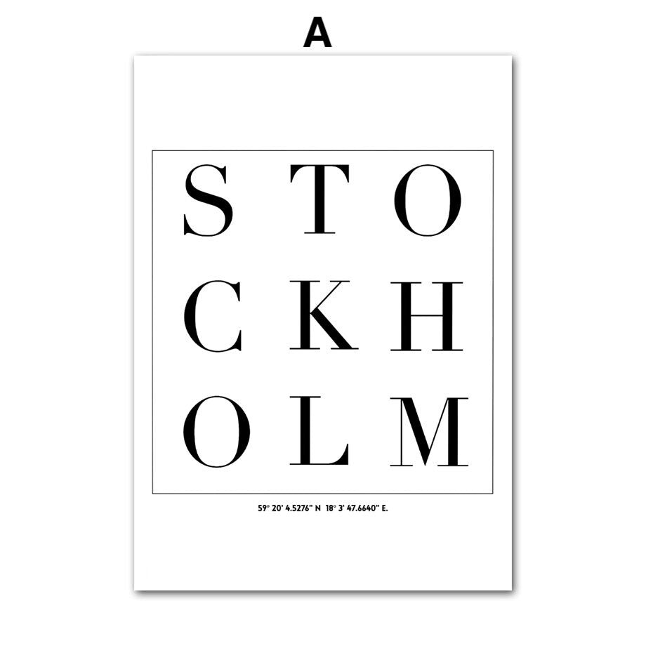Ästhetisches Schwarz-Weiß-Poster mit der Stadtbezeichnung 'STOCKHOLM', perfekt von justgoodmood. Ein zeitloses Wandbild für kreatives Wohnen.