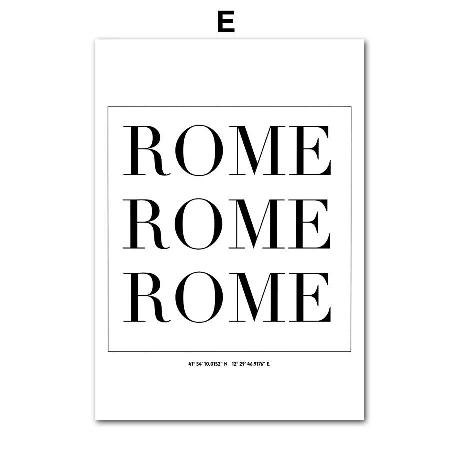 Schwarz-Weiß-Poster mit dem Wort 'ROME' in auffälliger Typografie, ideal für Wanddekoration im Wohnzimmer oder Schlafzimmer von justgoodmood.