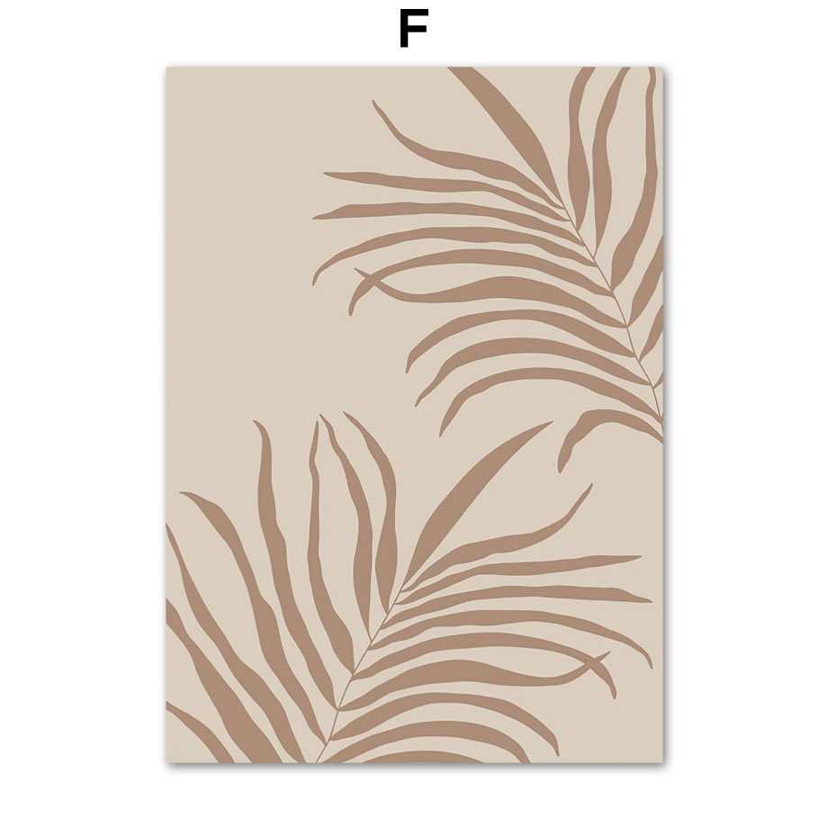 Stylisches Poster von justgoodmood mit geschwungenen Blättern in sanften Erdtönen, perfekt für eine moderne Wandgestaltung und eine entspannende Atmosphäre in Wohnzimmer oder Schlafzimmer. Titel: Meer Blätter Überwasser Bungalow Strandschaukel.