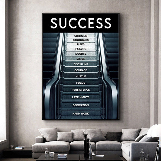 Stilvolles Erfolgs-Poster mit einer Treppe voller motivierender Worte, ideal für eine kreative Einrichtung. Hochwertige Wandbilder von justgoodmood.