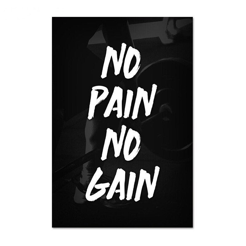 Stilvolles Poster mit dem Spruch "NO PAIN NO GAIN" von justgoodmood, ideal für Sportenthusiasten. Ein tolles Wandbild für jeden Fitnessbereich oder als Motivation im Alltag.