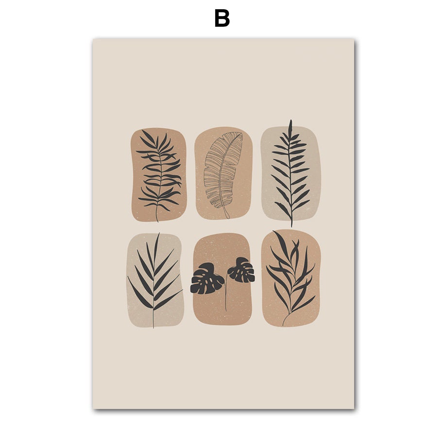 Elegantes Wandbild im Boho-Stil von justgoodmood. Sechs verschiedene Pflanzenillustrationen auf beige Hintergrund, ideal für jede Raumdekoration und gemütliches Ambiente.