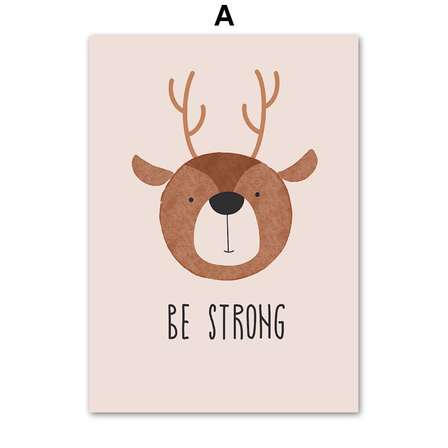 Einzelnes Kunstwerk mit Reh und Motiv 'Be Strong' von justgoodmood, präsentiert im Boho Sunshine Beige Stil für Kinderzimmer.