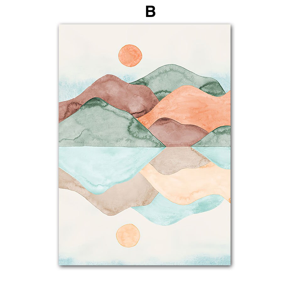 Wunderschöner Wasserfarben-Poster mit sanften Farben und reflektierenden Bergen. Ein Highlight für Ihr Wohnzimmer oder Schlafzimmer von justgoodmood - Poster Strand Burg Heißluftballon Kappadokien.