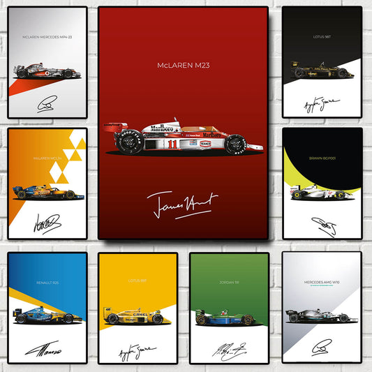 Bunte Formel 1 Poster Kollektion von justgoodmood mit Rennwagen der McLaren und Lotus Modelle, ideal für F1 Fans, Deko Print ohne Rahmen kaufen.