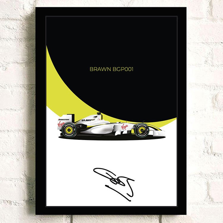 Stylisches Brawn BGP001 Formel 1 Rennwagen Poster mit Unterschrift, erhältlich als Deko Print ohne Rahmen von justgoodmood.