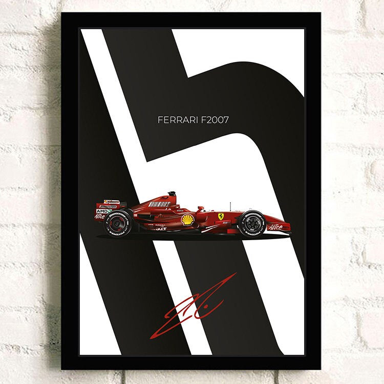 Elegantes Ferrari F2007 Formel 1 Rennwagen Poster mit Unterschrift, perfekt als Deko Print ohne Rahmen von justgoodmood.