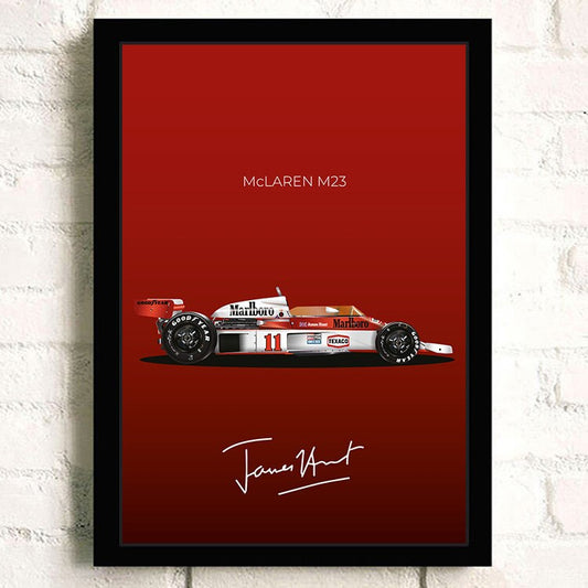 McLaren M23 Formel 1 Rennwagen Poster von justgoodmood, hochwertiger Deko Print für Motorsport-Fans.
