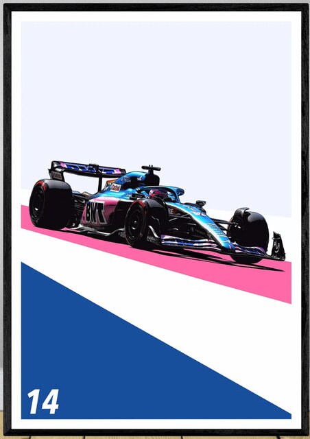 Farbenfrohes Poster eines Formel 1 Rennwagens mit dynamischem Design, ideal für Motorsport-Fans. Deko Print ohne Rahmen von justgoodmood.