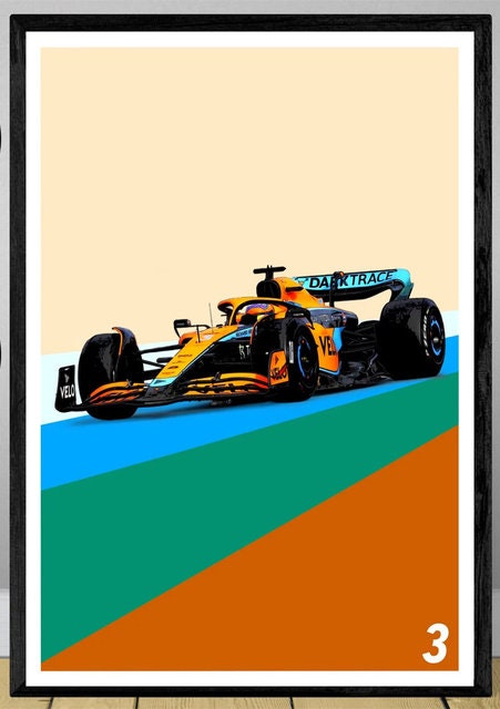 Farbenfrohes Formel 1 Poster von justgoodmood mit einem McLaren-Rennwagen, Fahrer-Nummer 3, in stilvollem Layout, ideal für ein sportliches Ambiente.