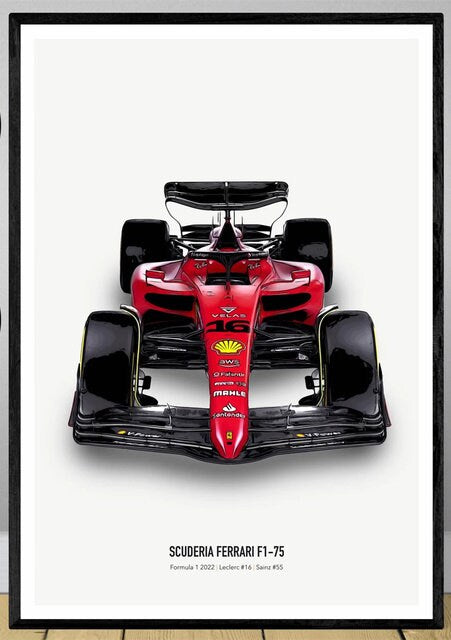 Faszinierendes Poster des Scuderia Ferrari F1-75 Rennwagens von justgoodmood, ein Must-Have für Rennsport-Enthusiasten und Kunstliebhaber.