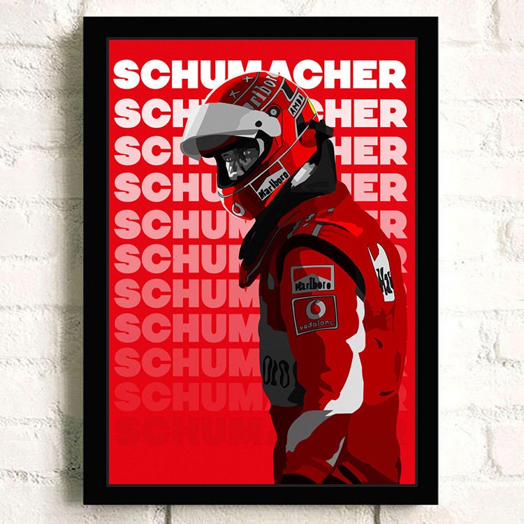 Starkes Poster von Michael Schumacher, Teil der Kollektion 'Poster Formel 1 Rennwagen Grand Prix Rennfahrer Legenden' von justgoodmood, das die Erfolgsstory im Rennsport feiert.