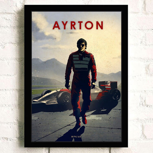 Dynamisches Poster von Rennfahrer Ayrton Senna, perfekt für Motorsport-Fans. Entdecken Sie diesen Deko Print ohne Rahmen von justgoodmood.