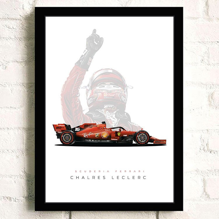Stilvolles Poster von Charles Leclerc in seinem Ferrari auf der Rennstrecke. Tolles Deko-Print von justgoodmood.