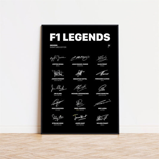 Stylisches Poster "Formel 1 - Rennfahrer Legenden Unterschriften" von justgoodmood, mit den Unterschriften berühmter F1-Rennfahrer, perfekt für Motorsport-Fans.