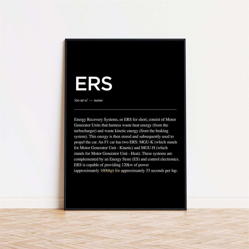 Informativ gestaltetes Poster mit dem Begriff 'ERS' und Erklärung zu Energy Recovery Systems im Formel 1 Kontext. Poster Formel 1 Sprüche von justgoodmood.