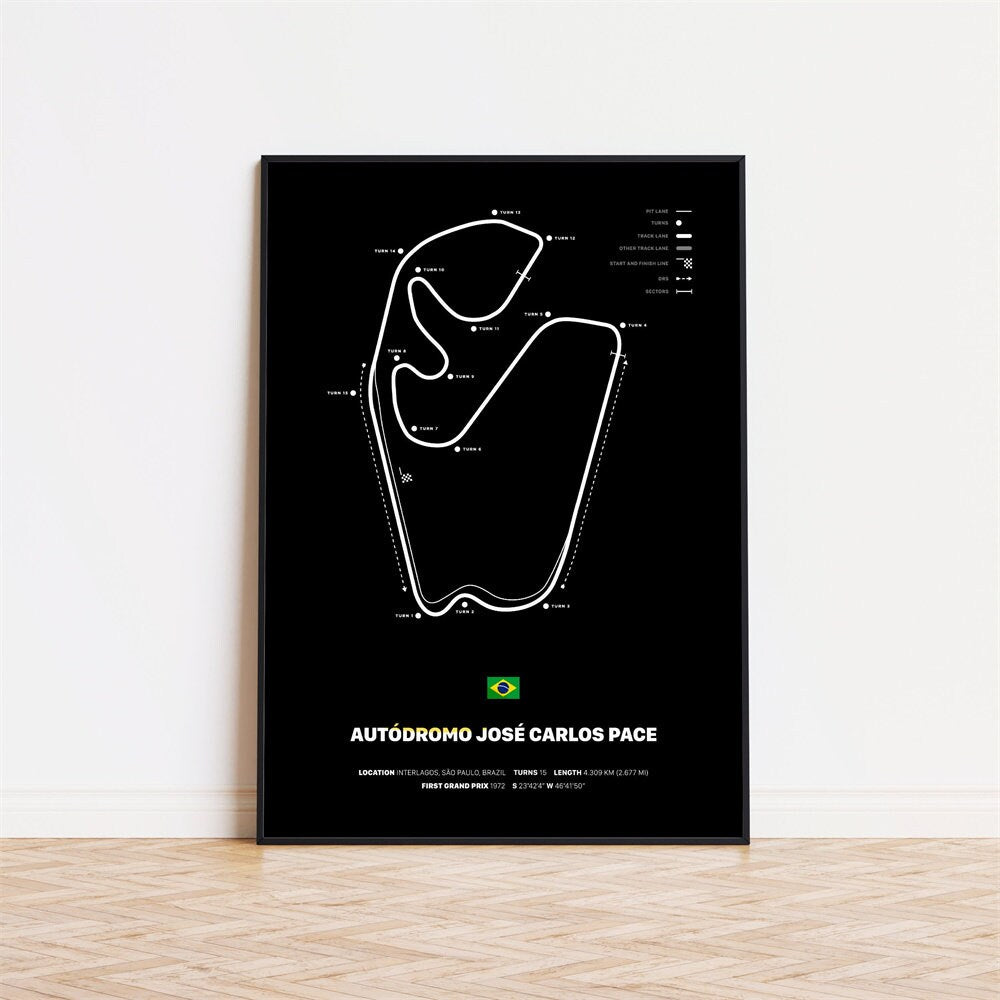 Poster Formel 1 Rennstrecken Deko Print ohne Rahmen vom justgoodmood – Visualisierung des Autódromo José Carlos Pace auf stilvollem schwarzen Hintergrund.