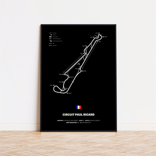 Poster Formel 1 Rennstrecken Deko Print ohne Rahmen vom justgoodmood – Abbildung des Circuit Paul Ricard mit Streckenlayout in schwarzem Hintergrund.