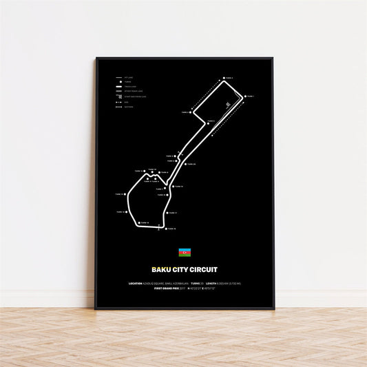 Formel 1 Rennstrecken Poster für die Baku City Circuit von justgoodmood – ein hochwertiger Deko Print der ideal für Motorsportfans ist!