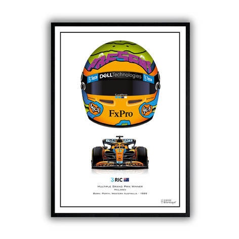 Lebhaftes Formel 1 Poster mit Daniel Ricciardos Helm und Rennwagen von justgoodmood - Deko Print ohne Rahmen.