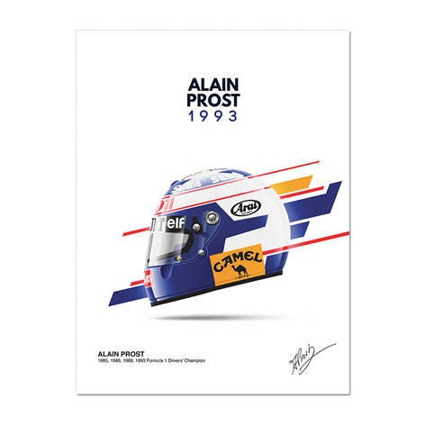 Poster Formel 1 Helme mit Unterschriften von Alain Prost, 1993. Ein stylish Deko Print ohne Rahmen von justgoodmood, perfekt für Motorsportfans.