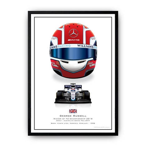 Einzigartiges Poster mit Formel 1 Helm von George Russell und seinem Rennwagen. Ein tolles Deko Print ohne Rahmen, ideal für Motorsportliebhaber von justgoodmood.