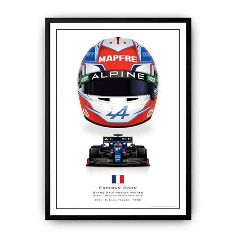 Stylisches Poster mit Formel 1 Helm und Rennwagen, das den Fahrer Esteban Ocon zeigt. Perfektes Deko Print ohne Rahmen für jeden Formel 1 Fan von justgoodmood.