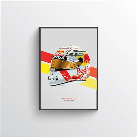 Faszinierendes Formel 1 Poster von Max Verstappen mit Red Bull Helmen, bereit für Motorsportfans. Ideal als Deko Print von justgoodmood.