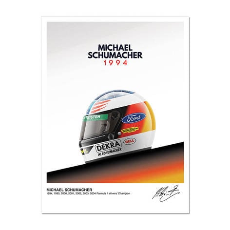 Hochwertiges Poster von Formel 1 Helm des Rennfahrers Michael Schumacher, 1994, perfekte Deko für Motorsport-Fans von justgoodmood.