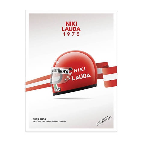Stylisches Poster des Formel 1 Helms von Niki Lauda, 1975, ideal für Motorsport-Liebhaber als Dekoration von justgoodmood.