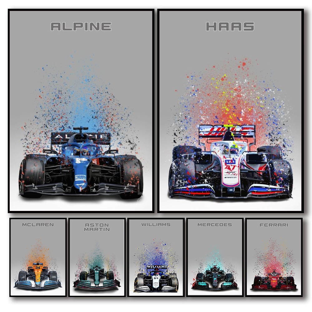 Buntes Aquarell-Poster eines Formel 1 Rennwagens von justgoodmood – Die lebendige Darstellung des Alpine und Haas Rennwagens bringt sportlichen Schwung in Ihr Zuhause.