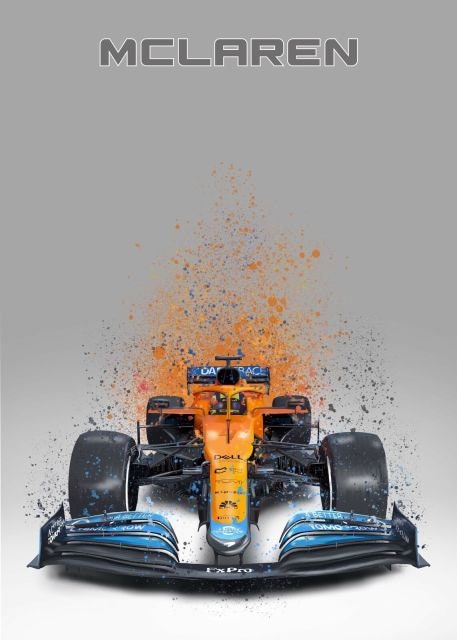 Strahlendes Aquarell-Design des McLaren Formel 1 Rennwagens von justgoodmood – Ein perfektes Deko-Element für Motorsport-Fans.
