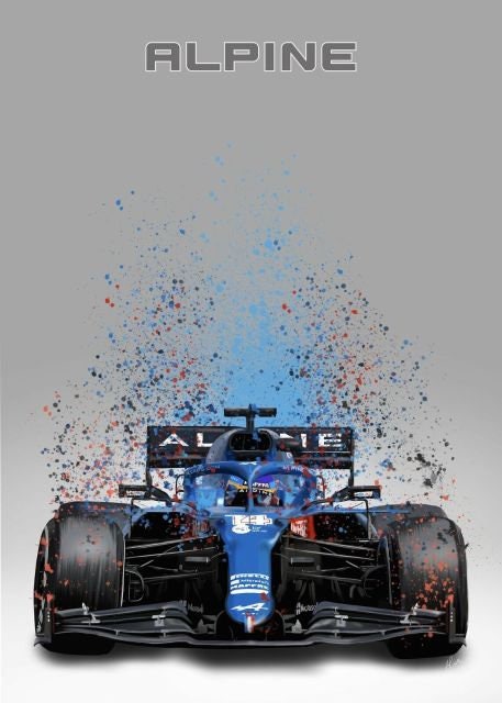Lebendige Aquarell-Illustration des Formel 1 Alpine Rennwagens von justgoodmood – Bringen Sie Dynamik und Farbe in Ihre Wände.