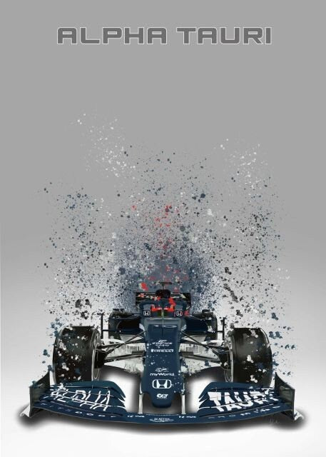 Dynamisches Aquarell Poster eines Formel 1 Alpha Tauri Rennwagens von justgoodmood - Deko Print ohne Rahmen, für einen Hauch von Rennsport.