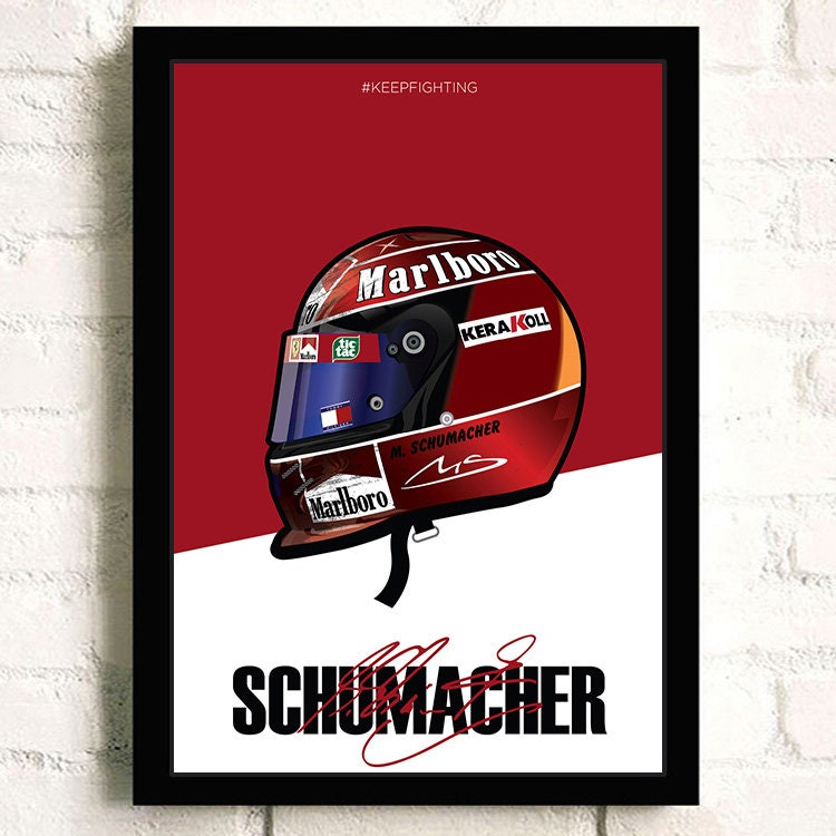 Stylisches Poster Formel 1 Helm von justgoodmood, das den legendären Rennfahrer Schumacher darstellt und jedem Raum einen Hauch von Motorsport-Glanz verleiht!