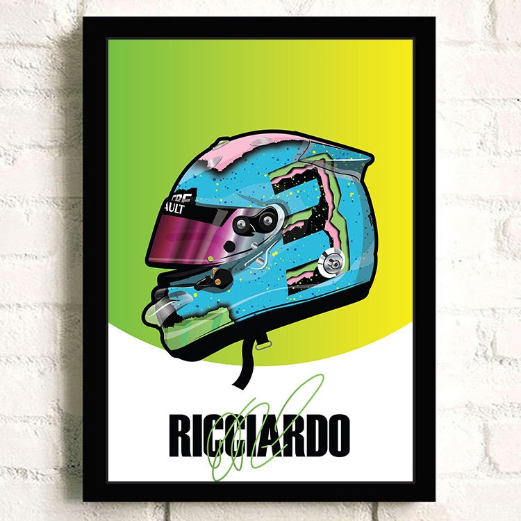 Farbenfrohes Poster Formel 1 Helm von justgoodmood, das den Rennfahrer Ricciardo und seine einzigartigen Design-Elemente vereint – perfekt für Motorsportfans!
